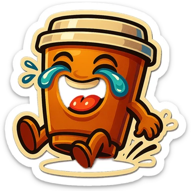 Tall coffee cup, laughing hard, tears in eyes, pounding ground, dramatic laugh sticker