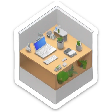 isometric square solid outline border containing indoor creative start-up office people active working macbook multi-mornitor tools simple clean developer-space #edc31b sticker