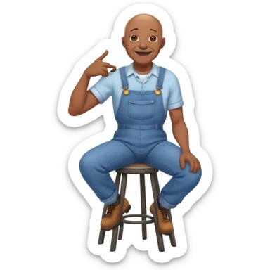 Side angle Laughing Old bald black man sitting on stool wearing overalls sticker