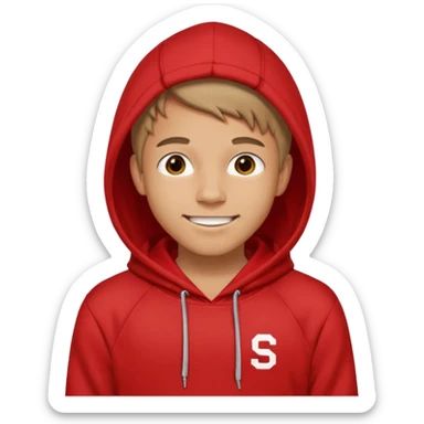make me an emoji of an americain 19 yearold boy in a red hoodie that says "south" on it and give him with tan skin with his hands in his pockets with the sleevs pulled up grining with a jaw line  sticker