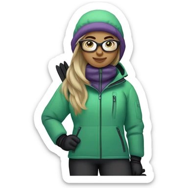 chubby female skier with long straight hair, green eyes, glasses, grey purple snow jacket, long black pants, black only snow boots and black skis looking cool. sticker