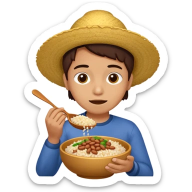 Create a person having lunch. Not a sandwich. Rice, beans and chicken. sticker