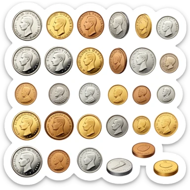 Icon for Coin Collecting: a collection of different vintage and modern coins of various forms, neatly arranged in a display case or on a table. The icon should highlight the diversity and historical value of coin collecting. Transparent background. sticker
