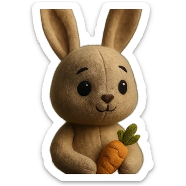 a bunny plush portrait, long ears, big eyes, soft fur, holding a tiny carrot sticker