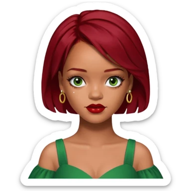 Rihanna dark red hair, green dress sticker