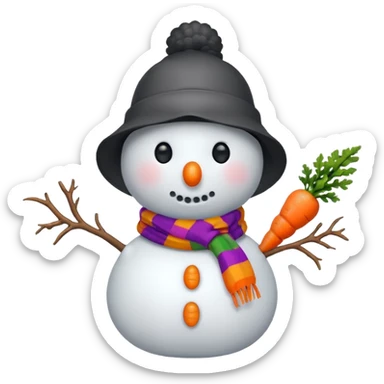 A snowman wearing a colorful scarf and a tiny bucket hat. sticker