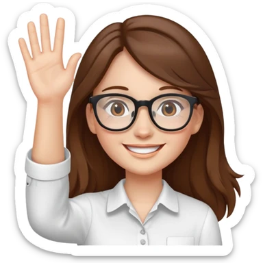 waving girl with glasses, long brown hair, wearing a white shirt sticker