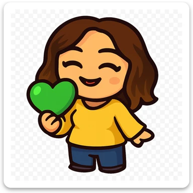 Sticker style chibi emote, matching the attached green heart emote as a base. Woman from reference, yellow blouse and blue jeans, laughing with eyes closed, cute happy face, no headband, no wand, transparent background. Top color should not match jeans. sticker