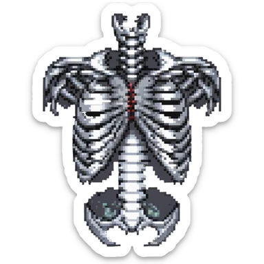 broken ribcage stylized with shading and highlights, pixel art style sticker