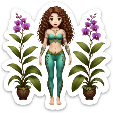 full body woman long curly brown hair brown eyes white skin tattoos muscular build orchid fairy bodice and vine leggings sticker