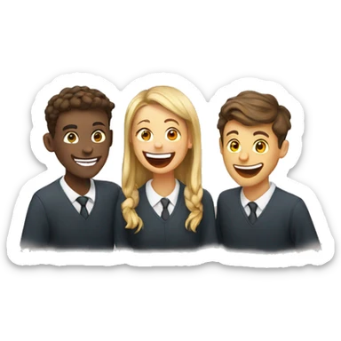 3 European students laughing at lesson sticker