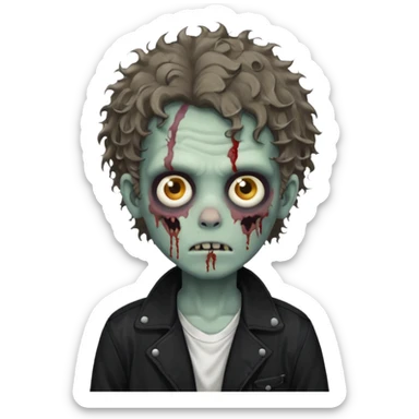 zombie boy medium length messy curly hair black jacket white tee shirt  sticker