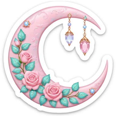 Rosy shiny glossy sparkly romantic pastel crescent damask moon with rose quartz pastel vines pastel gems pastel beads  sticker