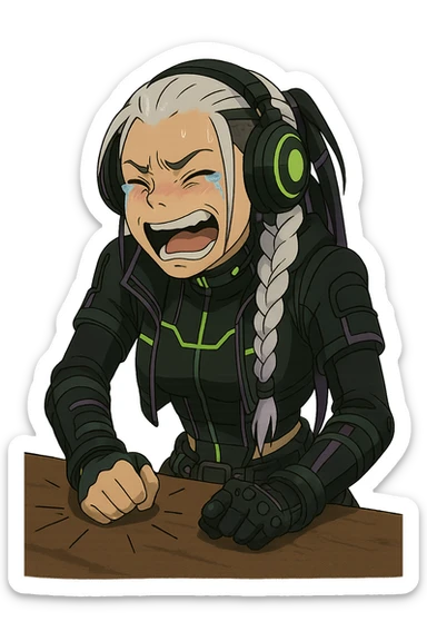 1 female, white braid with lavender tips. Cybergoth futurepunk, crying from laughter, pounding her fist on a table, “wheeze emoji” facial expression  sticker