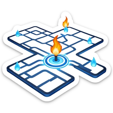 a map with a glowing blue flame on the x and networking paths sticker
