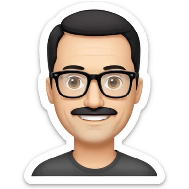 đàn ông 50 tuổi, da trắng, có râu ria đen. đeo kính đen, mắt kính trong suốt, tóc đen ngắn, cười mỉm sticker