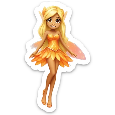Stella adult latina fairy of nature in her enchantix fairy orange two piece clothing and fairy enchantix wings and long blonde hair from winx club. Small eyes, Lots of sparkles and fairydust. Full body and full fairy bliss sticker