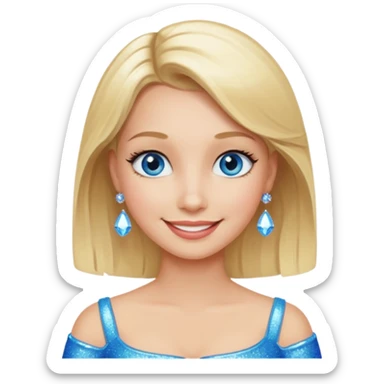 make this real, blond, below shoulder, blue eyes, 50s, sparkle in the eyes, fun, smile, no earings, relaxed style sticker
