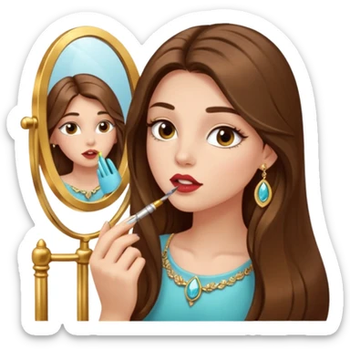 Girl with long brown hair, gold jewelry, and lashes, putting on lipgloss while looking in a mirror  sticker