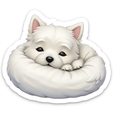 Meme-Worthy Cute Sleeping West Highland White Terrier Portrait Emoji, Head resting peacefully with a contented smile, showcasing a delightfully compact build and a luxuriously soft white coat, eyes shut in a serene nap, Simplified yet hilariously adorable features, highly detailed, glowing with a soft, drowsy light, high shine, relaxed and utterly lovable, stylized with an air of playful laziness, bright and heartwarming, soft glowing outline, capturing the essence of a comically sleepy companion, so meme-worthy it feels like it could instantly become the next viral sensation of adorable slumber! sticker
