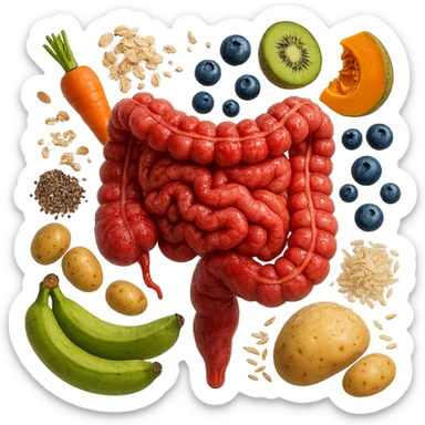 intestino umano anatomico infiammato con carota, fiocchi di avena, zucchine, kiwi, mirtilli, semi di chia, patate, banane acerbe, zucca, riso che gli fluttuano dietro, iperrealistico 4k sticker