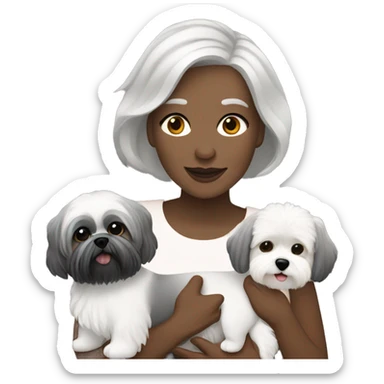 White women with short grey hair holding two dogs one black shih tzu and one white bichon frise sticker