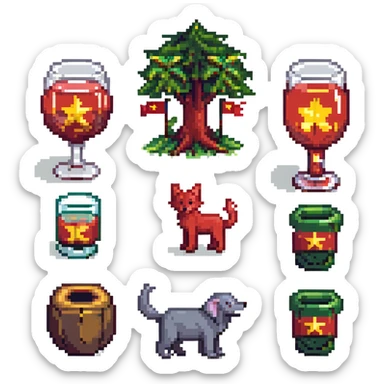cat, dog, wolf, Vietnam flag, tree, elephant, and a glass all together in pixel art style sticker