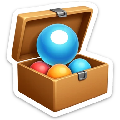 Minimalistic flat vector icon, iOS style, thin black contour on white background. Open box with neatly arranged objects inside. No text, no shadows.
 sticker