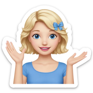 Girl Blonde short wavy hair,  blue eyes, cute blue top, long lashes, pink lips, smiling, one hand in the air sticker