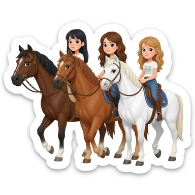Three horses white bay and sorrel with three riders on the bay horse a girl with dark straight hair on the sorrel horse a girl with wavy brown hair and on the white horse a girl with sandy hair sticker