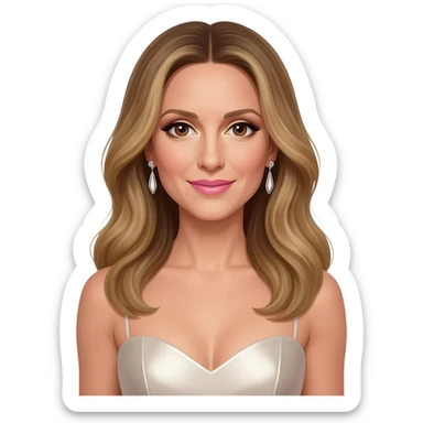 Celine Dion with brown eyes, ivory eyeshadow, pink lipstick, long dark blonde hair, ivory metallic sweetheart dress, silver earrings sticker