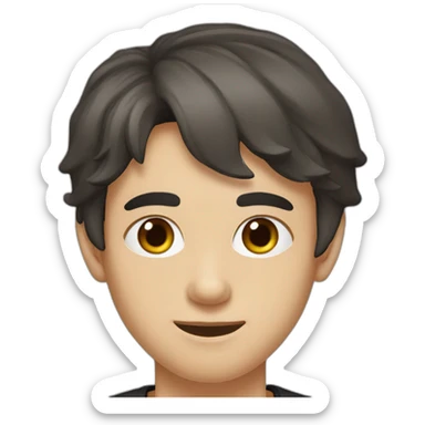 portrait of 18 years old guy, dark brown hair bangs to the left, gray eyes, black T-shirt sticker