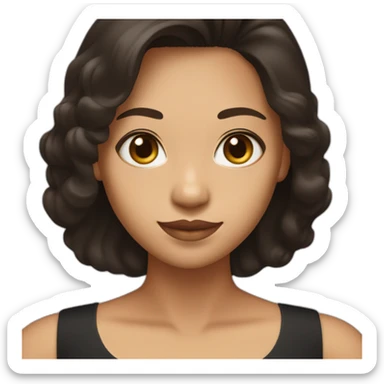 "I am a woman who wears a sleeveless A-line black dress. I have dark brown, straight wavy hair covering the dress, an oval face, and tan skin. I am of Indonesian descent sticker