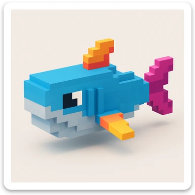 voxel style shark, side view, blocky, blue and gray, stylized fins sticker