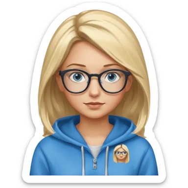 a woman, blonde highlights in hair, glasses and blue eyes. teacher, with a hoodie on and hair longer than shoulders, mid 30s more brown bits in hair  sticker