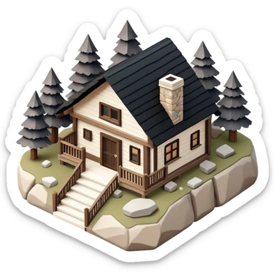 Isometric exterior little black, beige, and white mountain cabin, stone and wood, dollhouse style 3D realistic  sticker