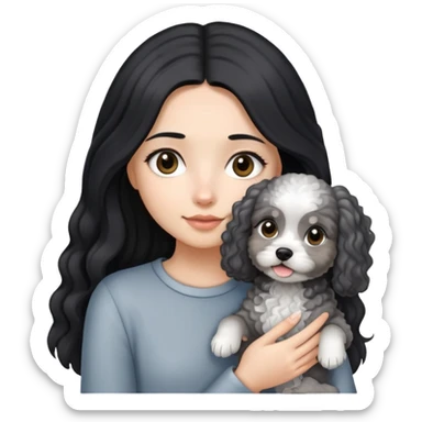 A girl with long straight hair holding a small light gray curly-haired dog sticker