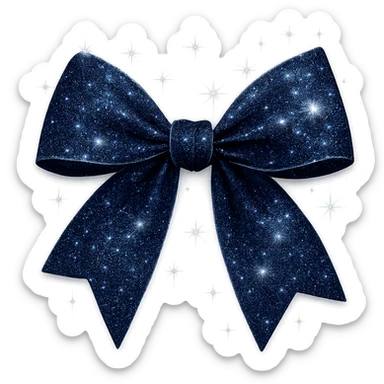 Add extra glitter and sparkling effects to the midnight bow crafted from rich navy fabric, highlighted with silver threads and a gentle moonlit shine. Keep the background transparent. Maintain the look of a midnight bow with rich navy fabric and silver threads. sticker