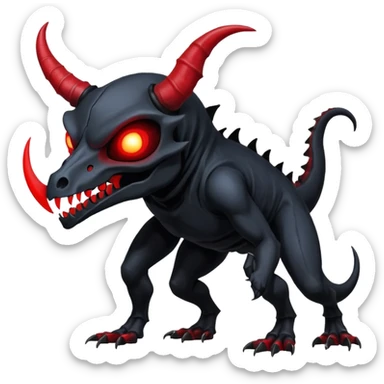 Shiny Dark Edgy  Duskull-Salandit-Amaura-Fakémon-hybrid-creature (full body) with a horned animal-skull-mask sticker