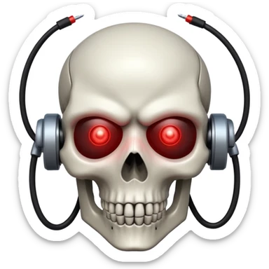 A skull with a robotic glow red eyes that have wires showing out of its skull and sinister and crimson it also has a cyber eye patch  sticker