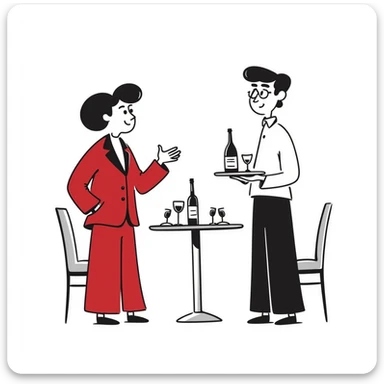 A businessman in a crimson suit with a waiter sticker