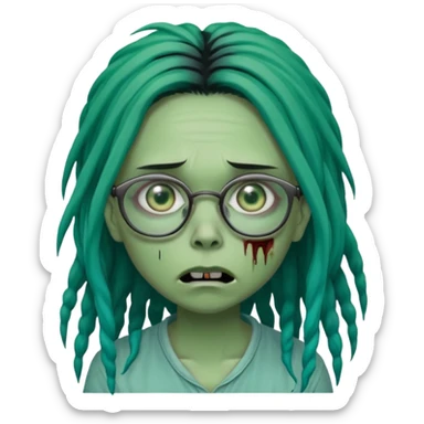 One young female green-skinned, zombie with glasses, with ombre black roots & teal tips long dreadlocks and a worried expression with a small wound near its mouth. sticker