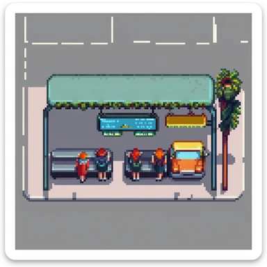 pixel art city bus stop with passengers waiting, bus arriving sticker