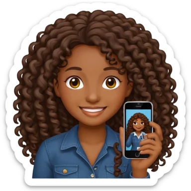 sticker style iPhone emoji of a friendly dark-skinned girl with long curly hair, transparent background sticker