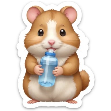 Cute cartoon-style hamster hugging an oversized water bottle, sipping with tiny straw, happy expression. Painterly shading, expressive eyes, white background, sticker-style illustration sticker