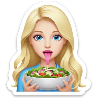 Cinematic realistic blonde with long hair, blue eyes and pink lips eats salad sticker