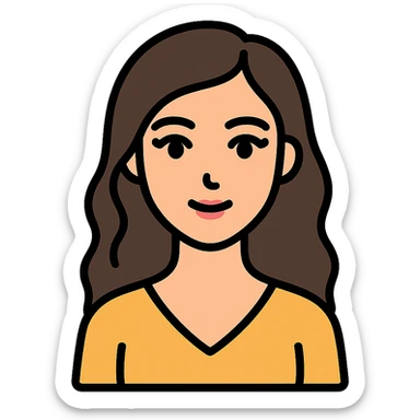 oval face with wide dark eyes and long eyelashes, soft nose and lips, light skin, long wavy dark brown hair, slim body, simple elegant clothes without hijab, colorful icon style with clear lines sticker