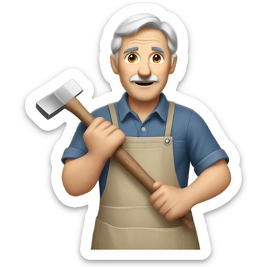 "A older man with rough hands, short light brown hair, and a friendly, naive expression. He wears a work apron over simple clothes and holds a hammer or wood in a rustic workshop." sticker