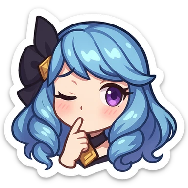 Gwen from League of Legends, chibi emote style, only head visible, right eye purple, shy expression, soft lighting, cute and expressive sticker