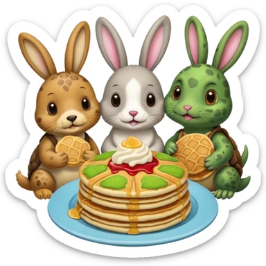 Seal, dog, bunny, turtle all eating pancakes in 1 image together sticker